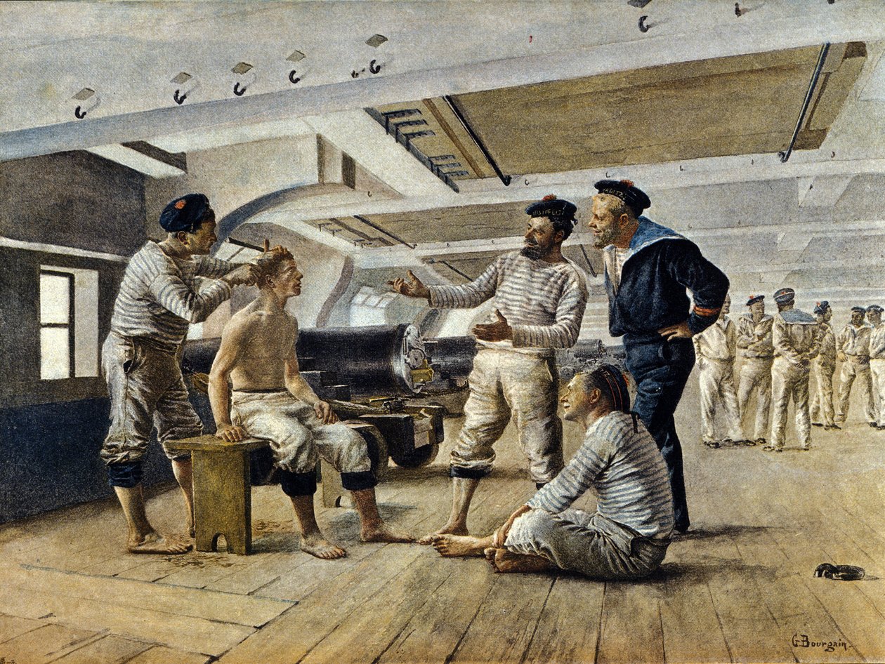 Elämä ranskalaisella sota-aluksella: parturi ajaa merimiehet ajelemaan, n. 1800 tekijältä Unknown artist