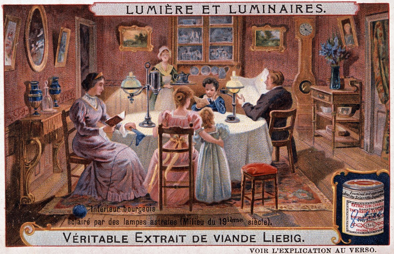 Valot ja valaisimet, porvarillinen sisustus astraalilamppujen valaistuna - kromi. Liebig v. 1895 tekijältä Unknown artist