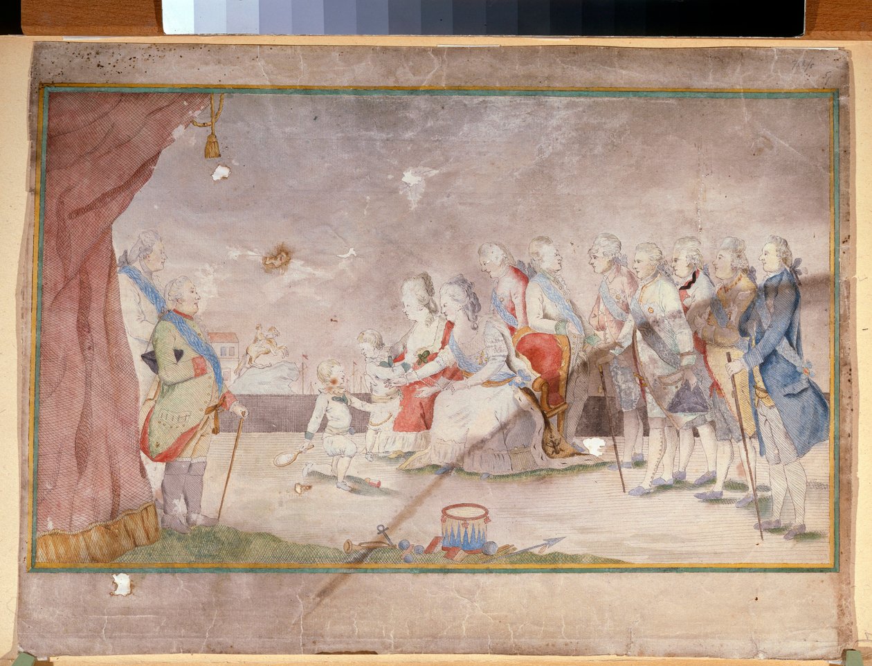 Keisarinna Katariina II perheineen ja courtisaanien (keisarinna Katariina II perheensä ja hovimiesten kanssa) - Nimetön työ, akvarelli ja muste paperille, 1780 loppu tekijältä Unknown artist