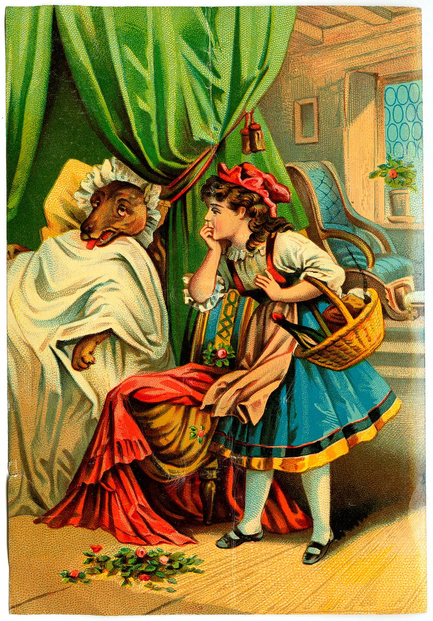 Punahilkka löytää suden isoäitinsä sängystä (kromolitografia 1800-luvun lopulla) tekijältä Unknown artist