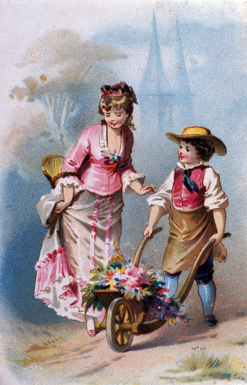 Pikku puutarhuri: nuori poika kottikärryt täynnä kukkia juttelee nuoren naisen kanssa matkalla kylään. kromolitografia 1880. tekijältä Unknown artist