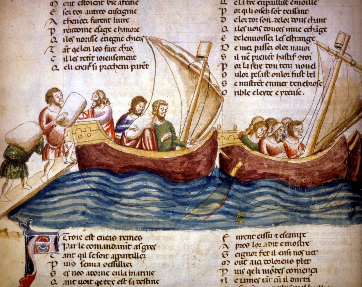 Lastin lastaus laivaan, 1200-luvun loppu. Benoit de Saint Mauren "Roman de Troy" -miniatyyri. 1300-luvun Biblioteca Marciana, Venetsia tekijältä Unknown artist