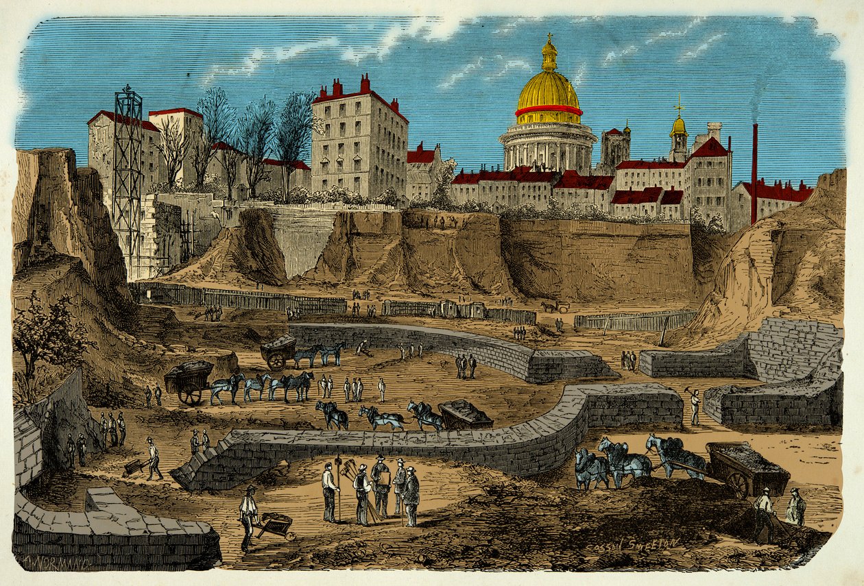 2. vuosisadalta eKr. peräisin olevan Gallo Romainin sirkuksen sijainti, joka löydettiin vuonna 1870 kairattaessa rue Mongea Pariisissa, kaiverrus 1800-luvulta tekijältä Unknown artist