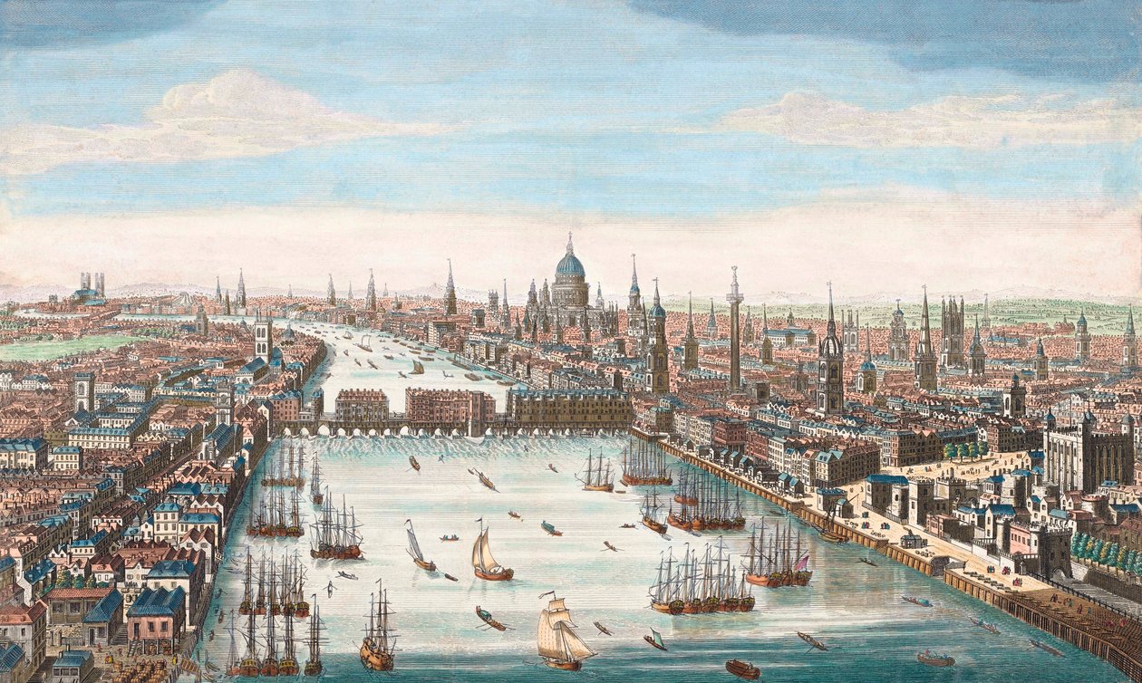 Lontoo 1700-luvulla, katso ylös Thames-joelle London Bridgelle ja St Paulin katedraalille tekijältä Unknown artist