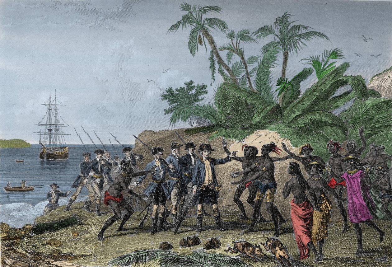 Louis Antoine (Louis-Antoine) Bougainvillestä, ranskalainen navigaattori (1729-1811), puhui markiisisaarille Tahitilla, 6. huhtikuuta tekijältä Unknown artist