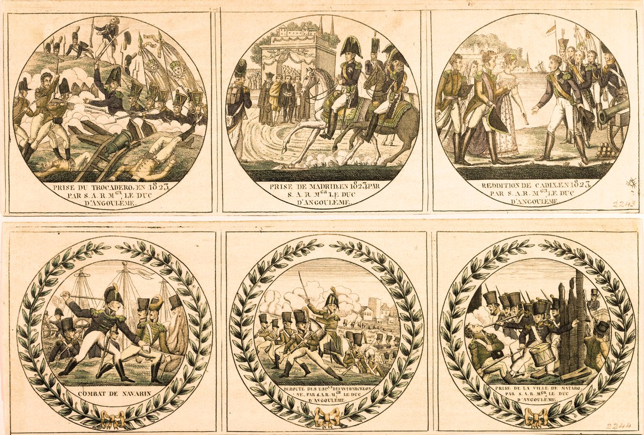 Louis Antoine (Louis-Antoine) Bourbonista, Angoulemen herttua (Louis de France tai Louis XIX (1775-1884) Espanjan retkikunnan aikana 1823: Trocaderon valtaaminen, Madridin valtaaminen, Cadizin antautuminen, Navarinin taistelu espanjaa Barcen edessä tekijältä Unknown artist