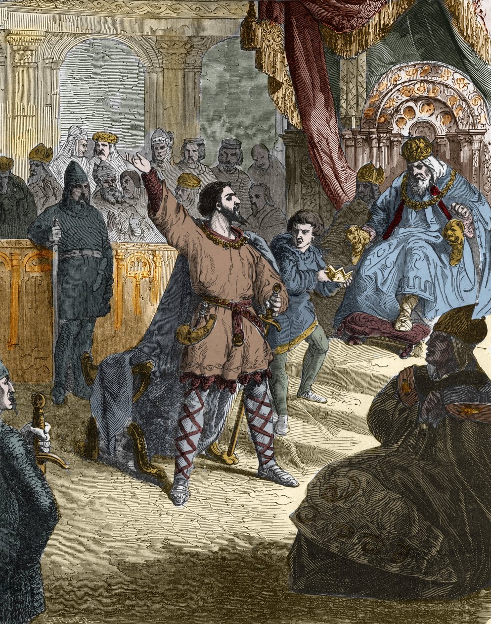 Ludvig IV of Outremer (Overseas, Overseas) (921 - 954), Ranskan kuningas Ingelheimin kirkolliskokouksessa (Synodissa) Saksassa vuonna 948 ennen Otto I:tä Pyhästä Imperiumista (912-973). Kaiverrus Paul Lehugeurin Histoire De France En Centin maalauksiin 189 tekijältä Unknown artist