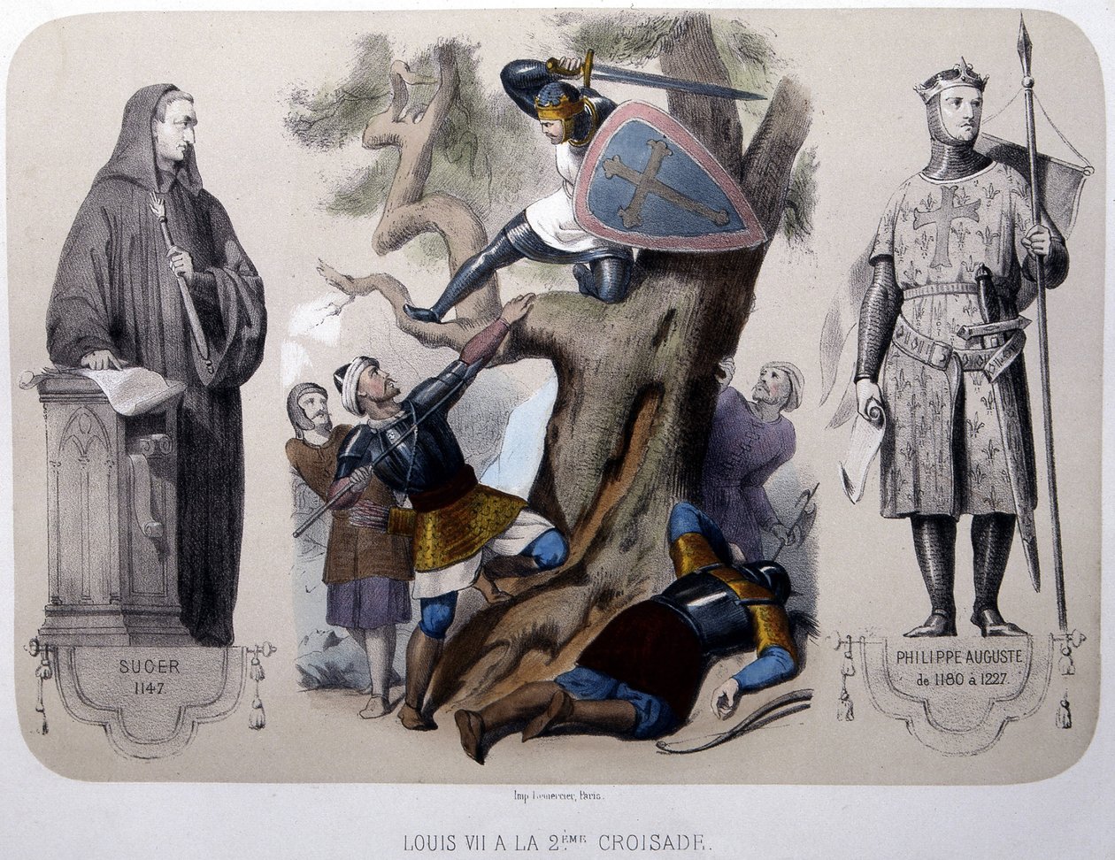 Ludvig VII taistelee saraseeneja vastaan 2. ristiretken aikana - litografia, 1800-luvun lopulla tekijältä Unknown artist