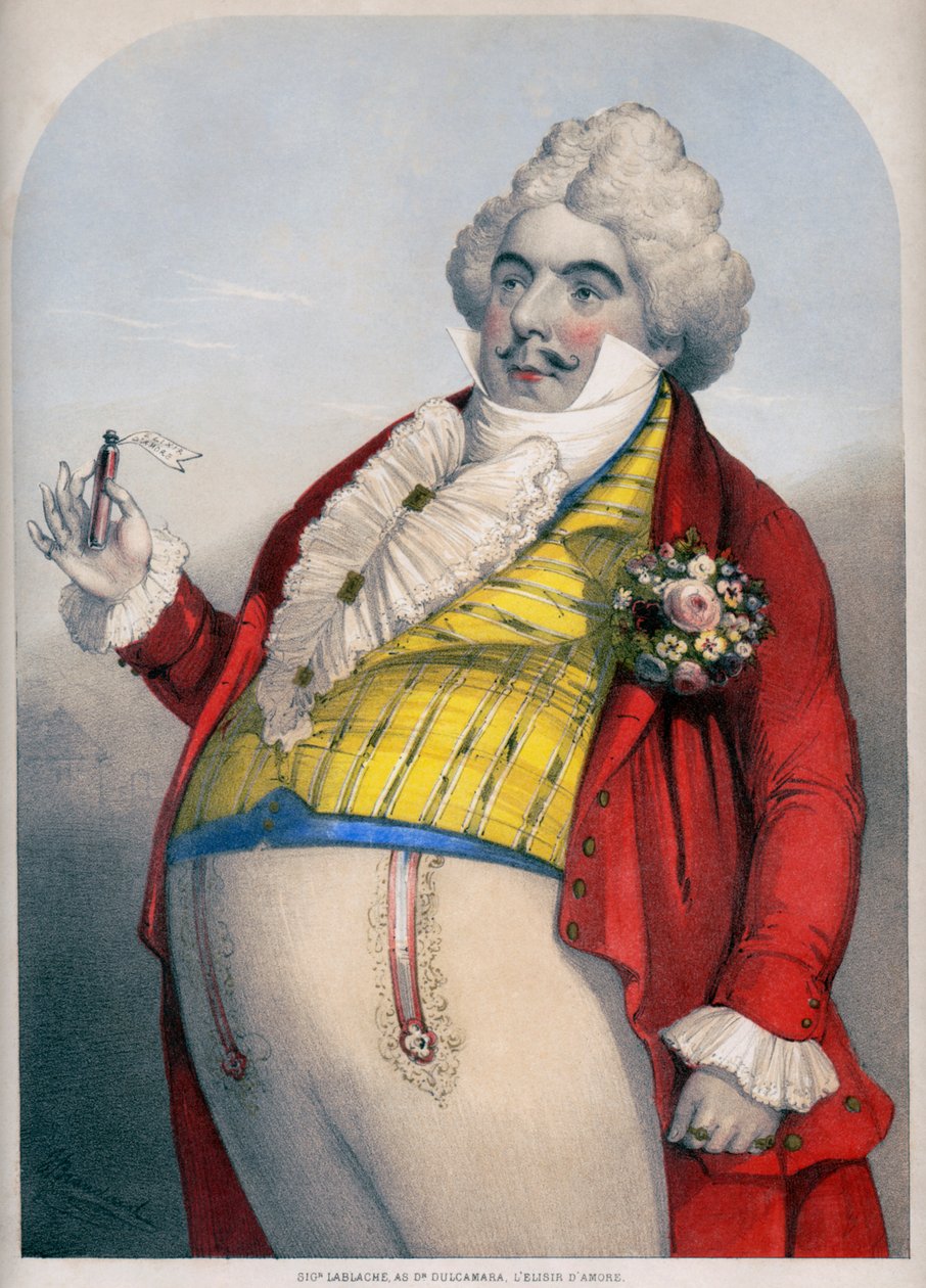 Luigi Lablache, italialainen basso hahmona Dr. Dulcamara Donizettin Rakkauden eliksiirissä tekijältä Unknown artist