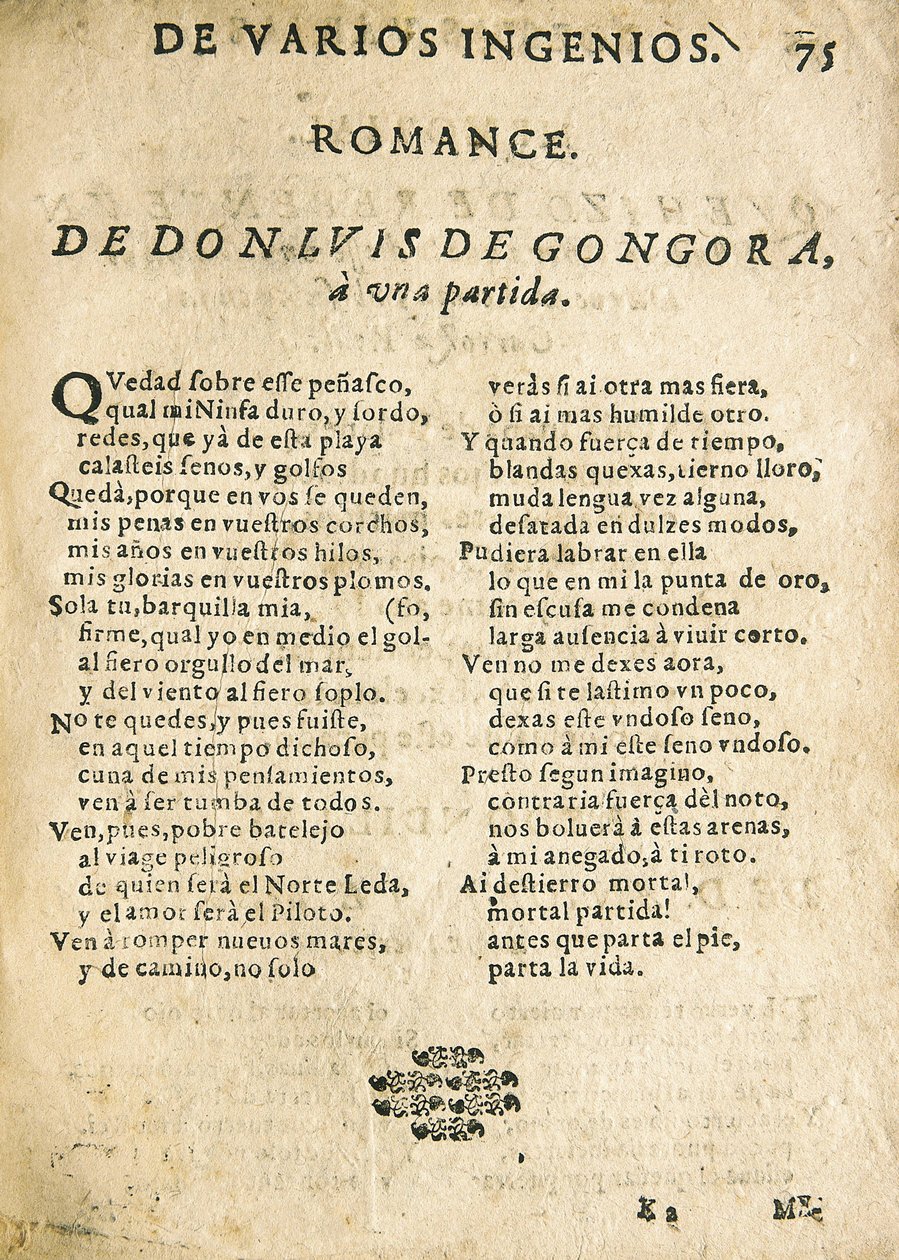 Luis de GOGOORA Y ARGOTE, "Romance a una partida" (vedos) (painettu) tekijältä Unknown artist