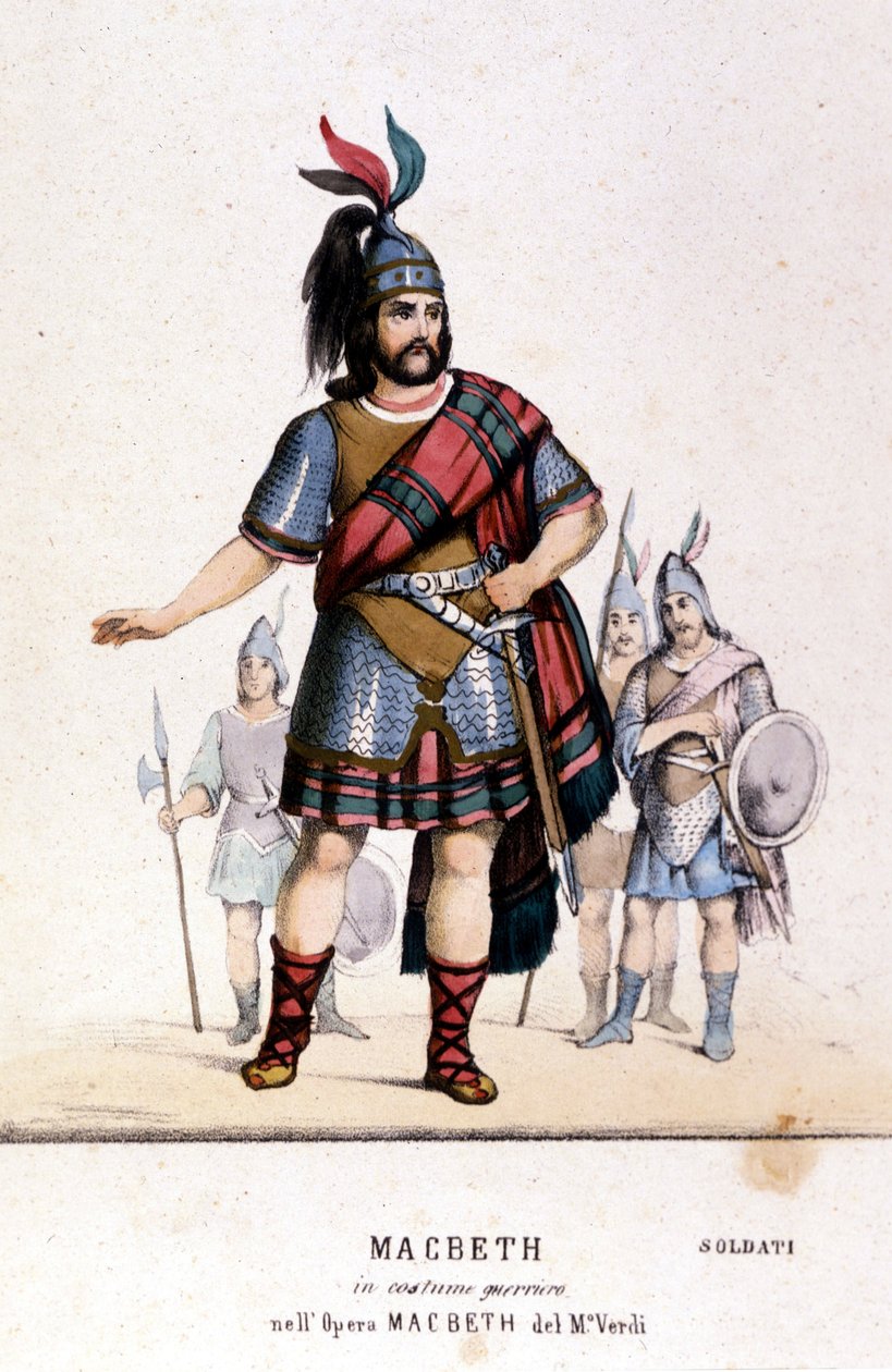 Macbeth-hahmo soturiasussa Giuseppe Verdin (1813 - 1901) samannimisessä oopperassa William Shakespearen teoksen jälkeen. 1847. Kaiverrus. tekijältä Unknown artist