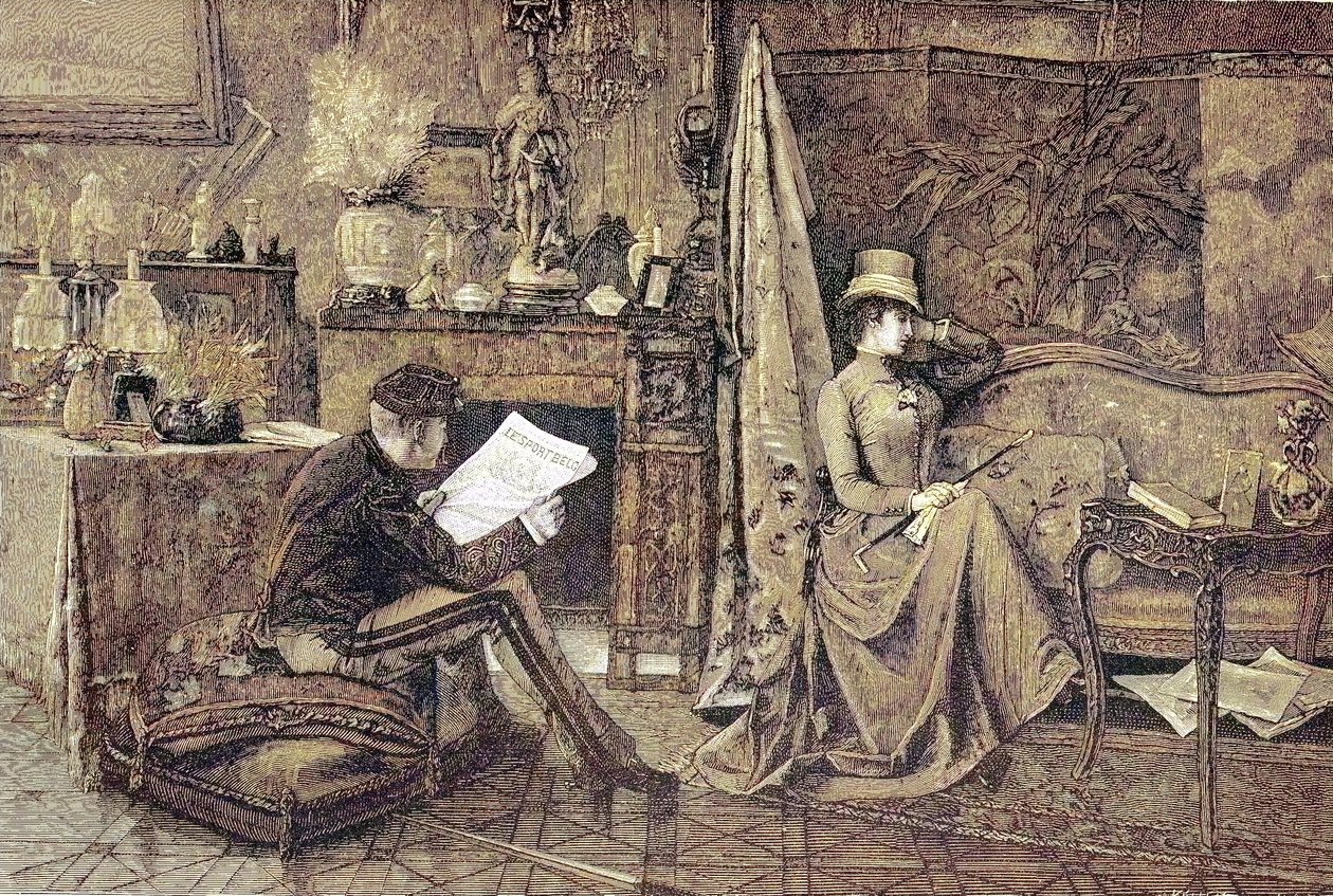 Madame Sulking, pariskunta, hän lukee sanomalehteä ja hän istuu sohvalla ja on loukkaantunut tekijältä Unknown artist