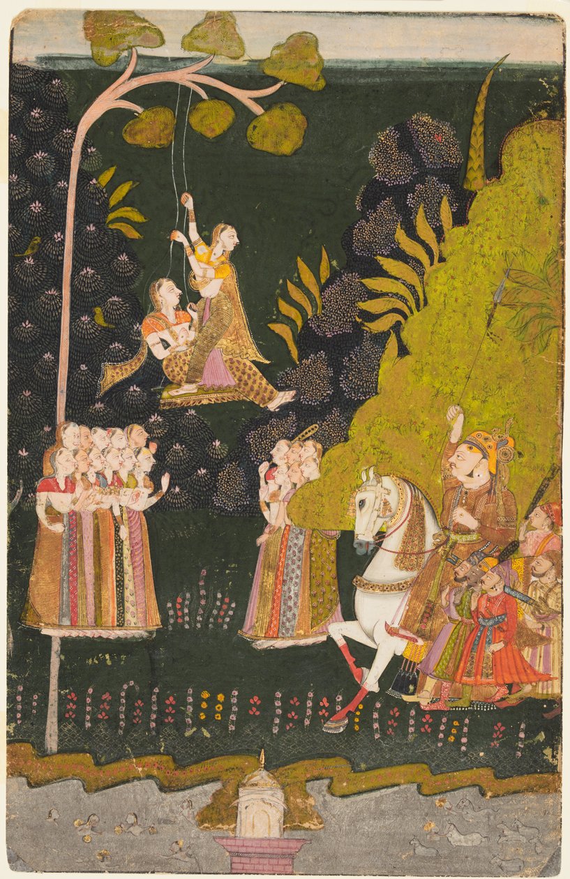 Maharaja Abhai Singh of Marwar (r. 1724–1749), ratsastaja, katsomassa tyttöjä heilumassa Teej-festivaaleilla tekijältä Unknown artist