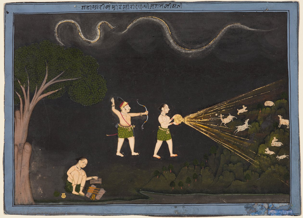 Mewarin Maharana Jagat Singh II (n. 1734–1751) Bhiliksi pukeutunut, metsästää peuroja yöllä tekijältä Unknown artist