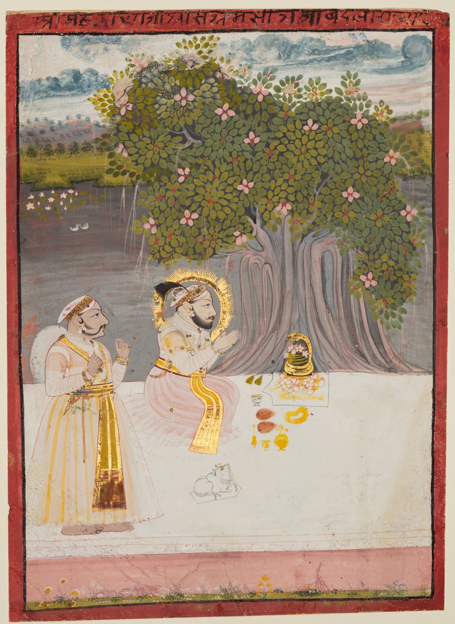 Maharana Sangram Singh II (n. 1710–1734) Lingan palvominen Banyan-puun alla tekijältä Unknown artist