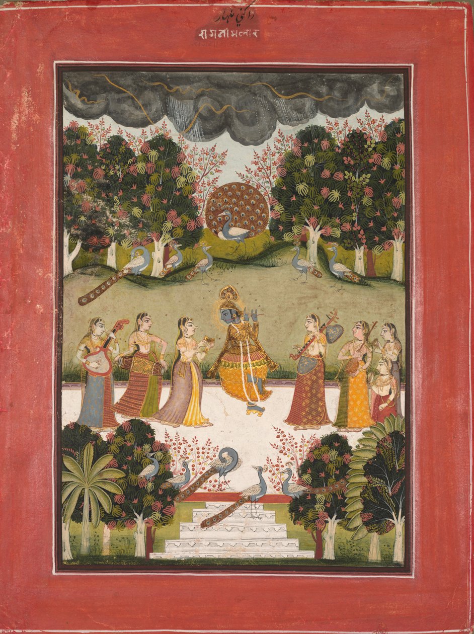 Malar Ragini: Krishna soittaa huilua seitsemälle gopille, jotka pitelevät soittimia, Ragamala-sarjasta tekijältä Unknown artist
