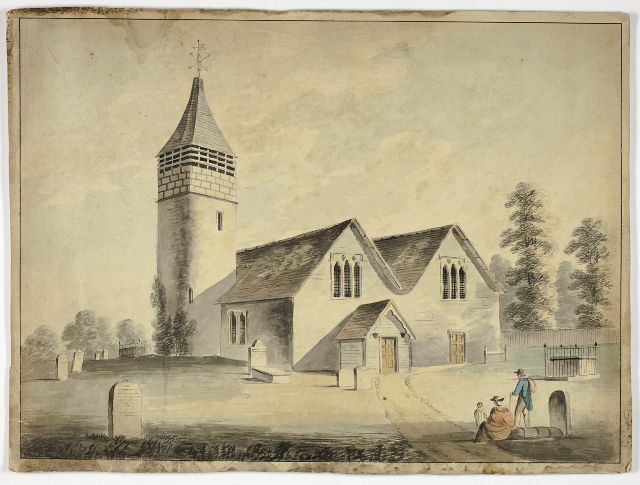Mies, nainen ja lapsi Churchyardin hautausmaalla tekijältä Unknown artist