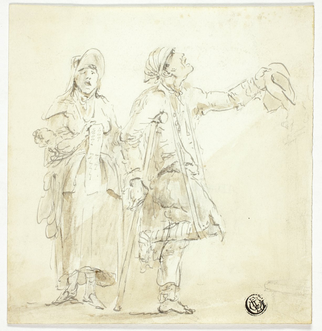 Mies kainalosauvoilla kerjäämässä naisen kanssa laulamassa ja pitelemässä vauvaa tekijältä Unknown artist