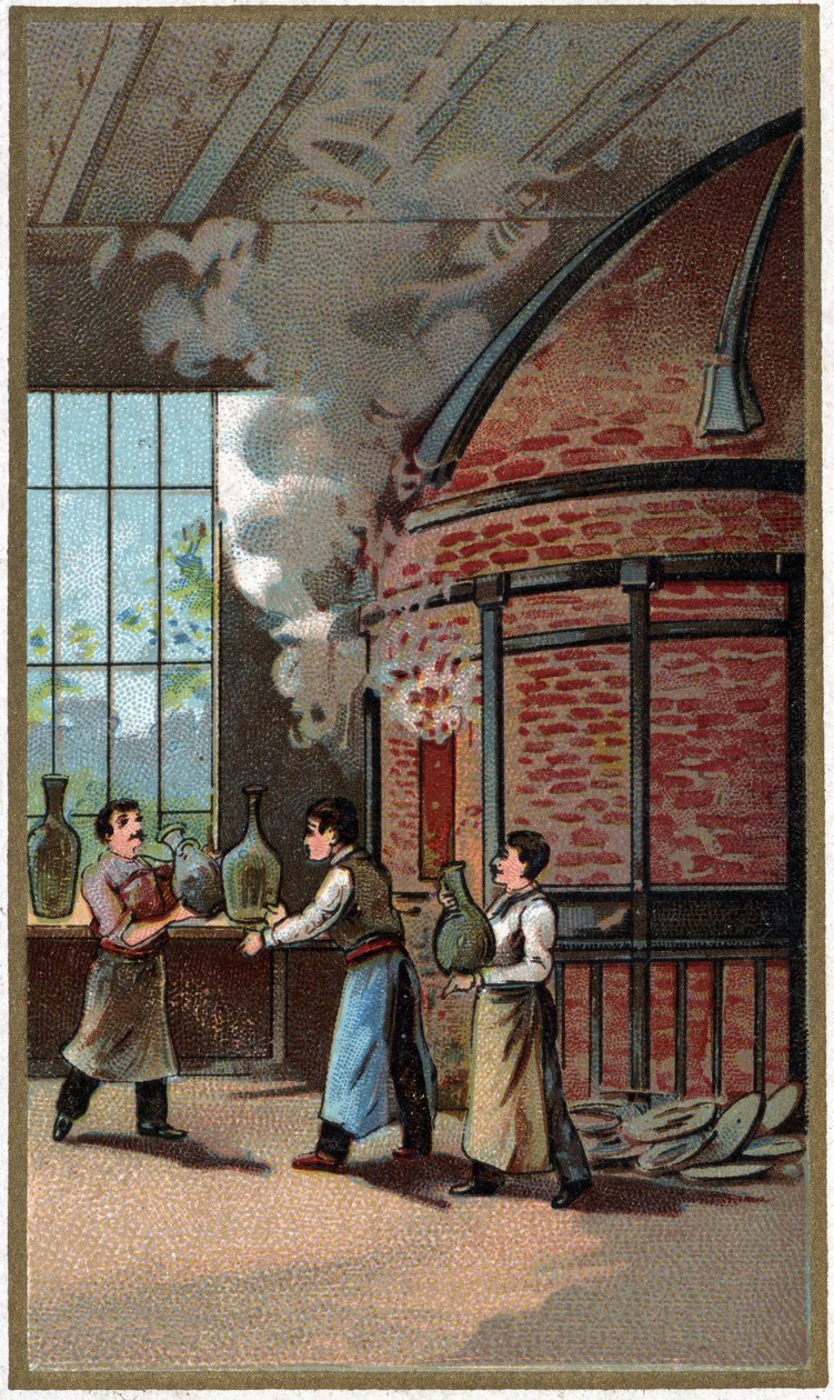 Posliinin valmistus: ruoanlaitto. 1800-luvun lopun kromolitografia tekijältä Unknown artist