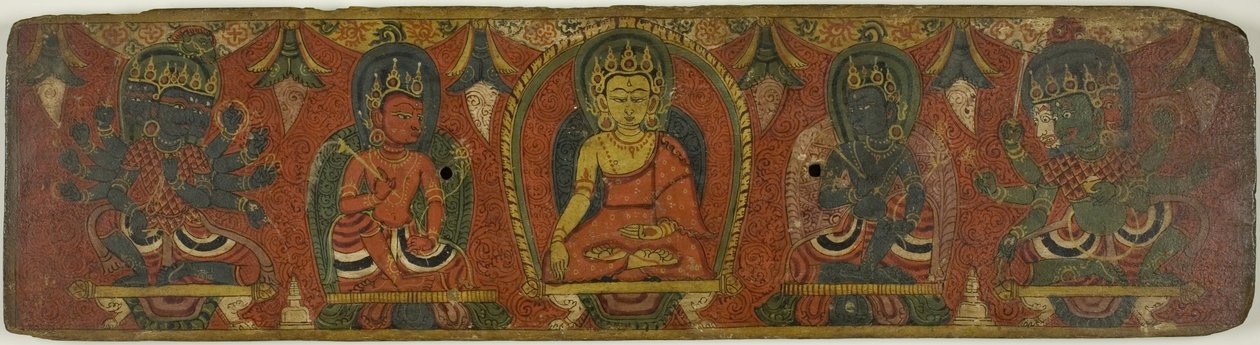 Käsikirjoituksen kansi, jossa Buddha, kaksi bodhisattvaa ja kaksi suojelevaa jumaluutta (Lokapalas). tekijältä Unknown artist