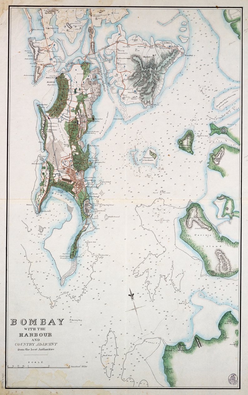 Bombayn kartta, jossa satama ja viereinen maa, myös Arabianmeri ja Persianlahti, noin 1855 (tussi, akvarelli). tekijältä Unknown artist