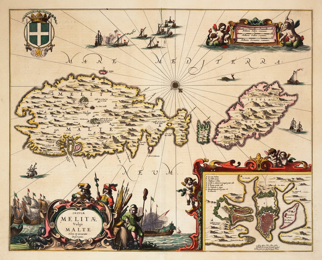 Maltan ja Gozon kartta, noin 1650 (värillinen kaiverrus). tekijältä Unknown artist