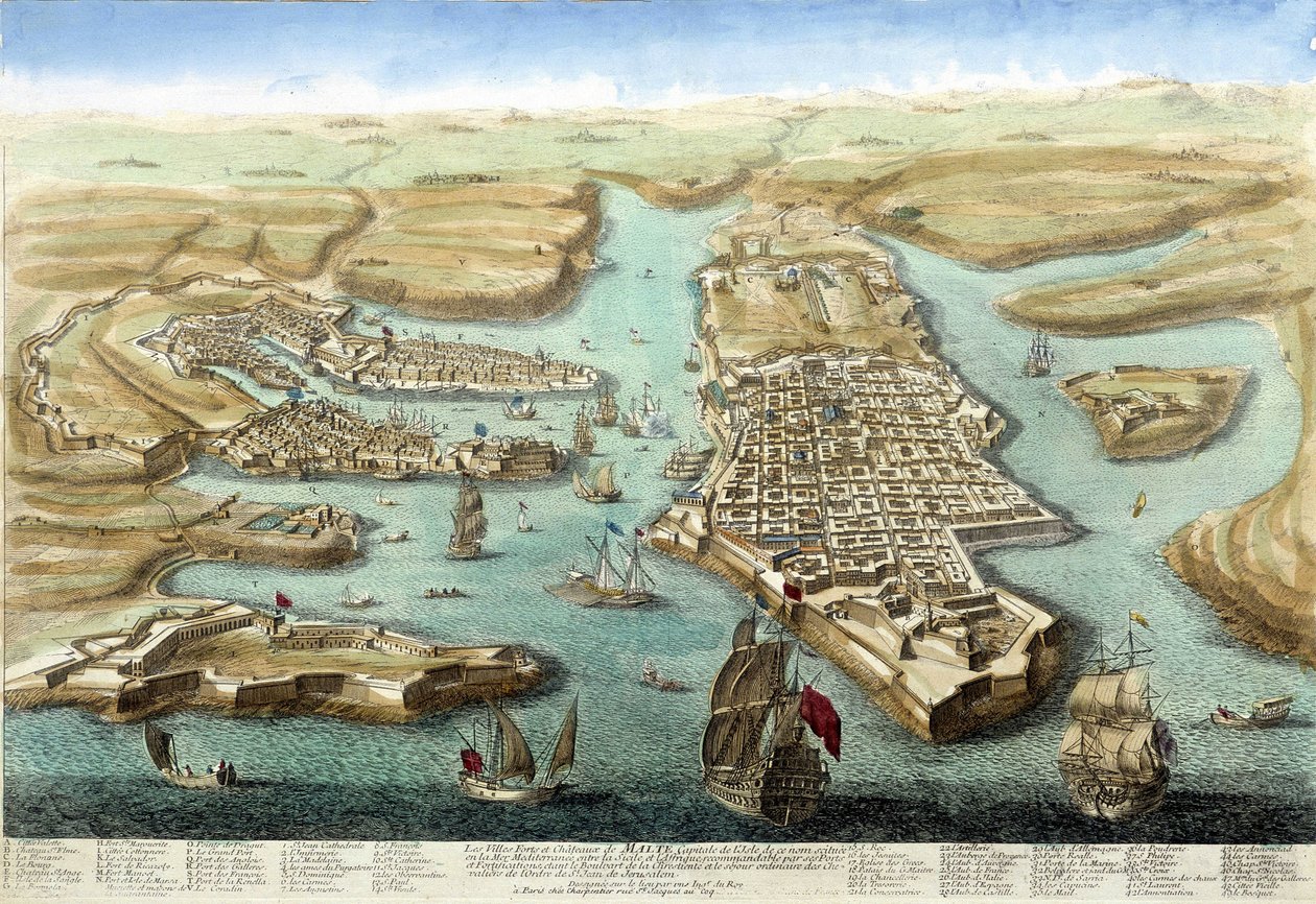 Kartta Maltan satamasta, sen linnoituksista ja linnasta. 1700-luvun kaiverrus. tekijältä Unknown artist