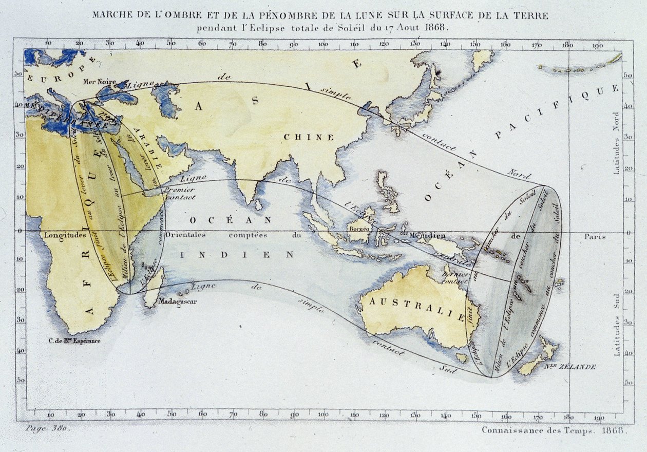 Kartta, jonka on julkaissut Bureau of Longitudes, joka näyttää Kuun varjon ja pimeyden marssin maan pinnalla vuoden 1868 pimennyksen aikana tekijältä Unknown artist