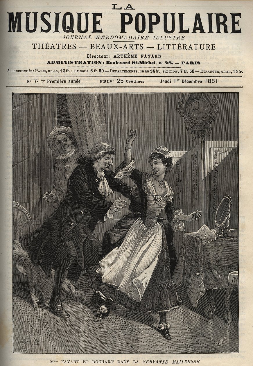 Marie Justine Benoite Duronceray, nimeltään Madame Favart, ja Rochart (Rochard) Pergolesen (Giovanni Battista Pergolesi) "Servante Maitressessa" (Serva padrona) - kaiverrus maineikkaassa viikkolehdessä "Popular Music"" - 1882 tekijältä Unknown artist
