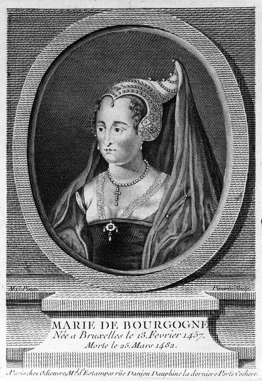 Marie Burgundialainen (1457 - 1482), Kaarle Rohkean tytär ja Itävallan Maximilianin vaimo. 1800-luvun kaiverrus. tekijältä Unknown artist