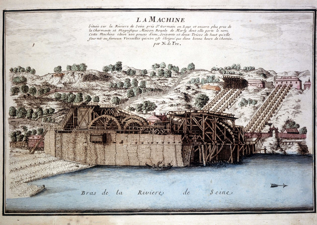 Marly de Rennequinin kone ajoi Seinen vedet Versaillesiin Marlyn akveduktin kautta. Kaiverrus vuodelta 1700. tekijältä Unknown artist