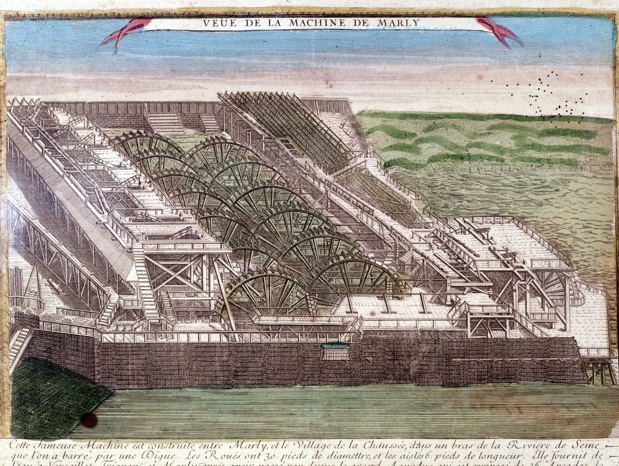 Marly de Rennequinin kone ajoi Seinen vedet Versaillesiin Marlyn akveduktin kautta. Kaiverrus 1700-luvulta. tekijältä Unknown artist