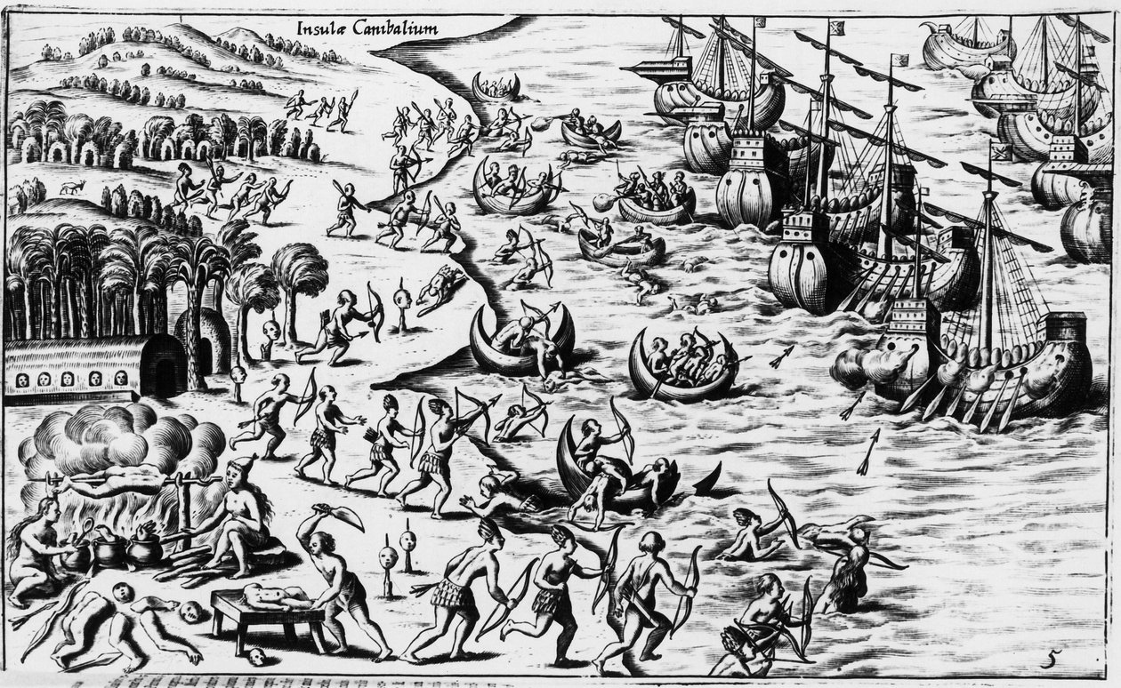 Christopher Columbuksen ihmisten ja kannibaalien tapaaminen - Philoponus Honoriusin "Nova Tipus Transacto Navigatio Novi Orbi" tekijältä Unknown artist