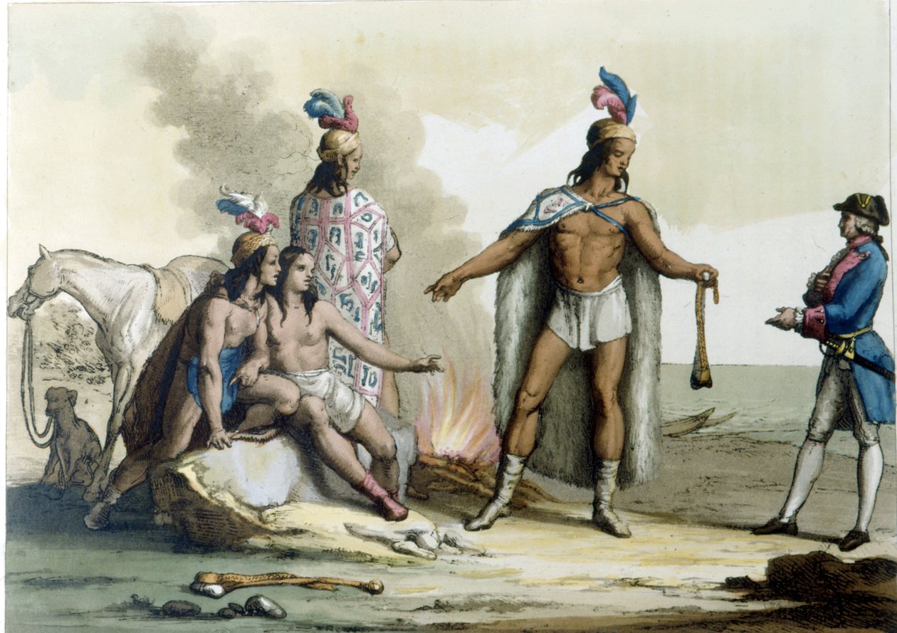 Länsimaalaisen tapaaminen Patagonian intiaanien kanssa. tekijältä Unknown artist
