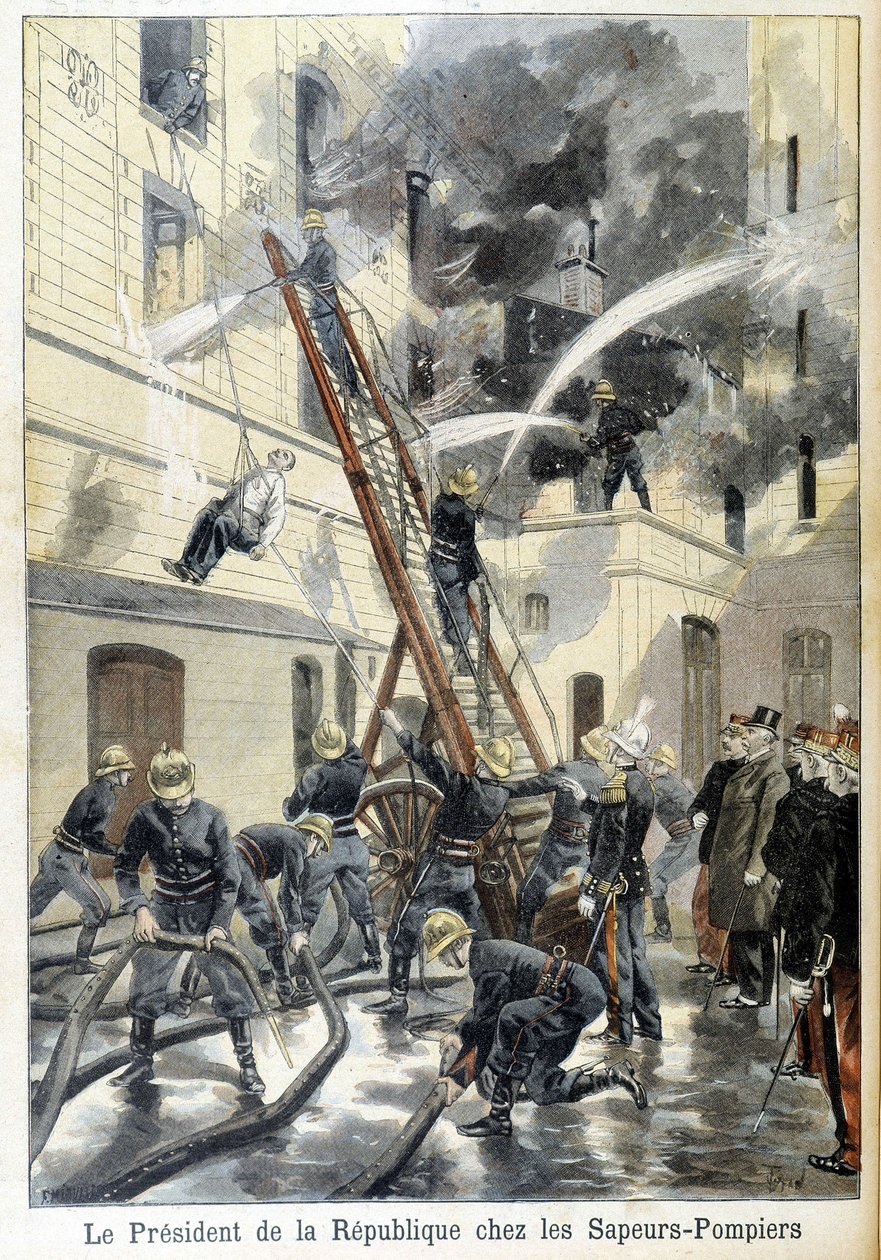 Tasavallan presidentti Felix Fauren tapaaminen palomiesten kanssa tulipalon torjunnassa. Kuva "pienestä sanomalehdestä" vuodelta 1898. tekijältä Unknown artist