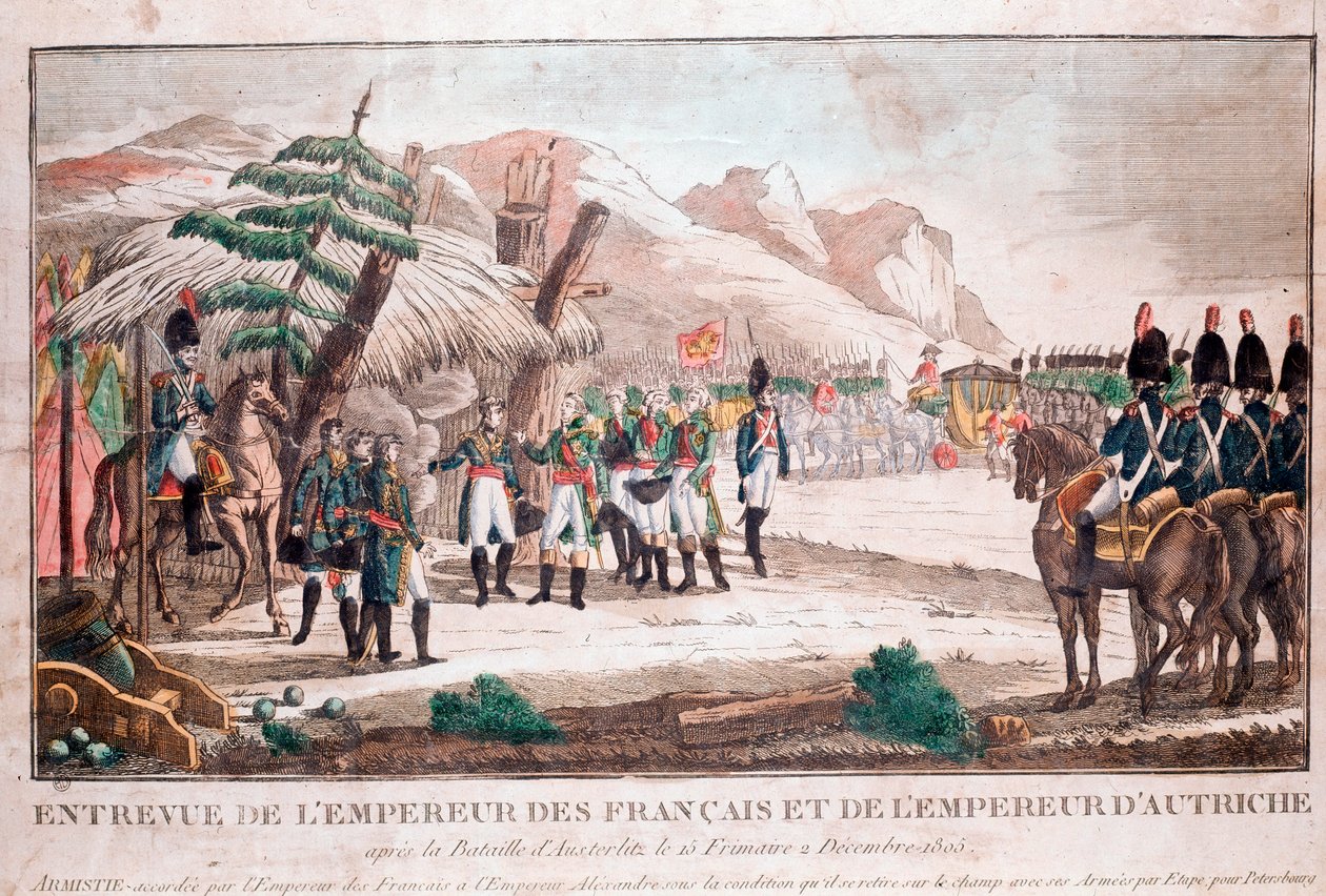 Kahden keisarin tapaaminen Austerlitzin taistelun jälkeen, 4. joulukuuta 1805 (Napoleon Bonaparte ja Francis II, Pyhän Rooman keisari) (kaiverrus tekijältä Unknown artist