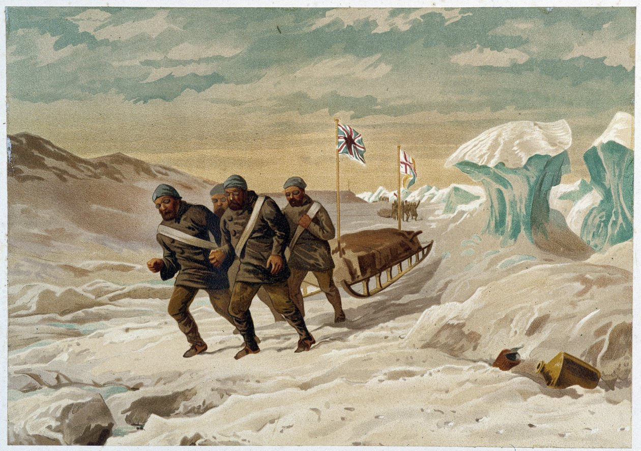Miehet ja reki jäällä - "" Napameren rannat, arktisen retkikunnan kerronta"", kirjoittaja Dr. Edward Moos, Marcus Nard & Co, Lontoo tekijältä Unknown artist