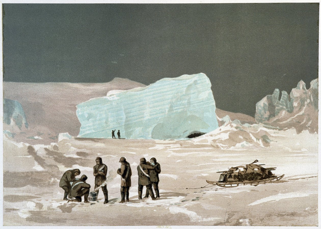 Miehet ja reki jäällä - "" Napameren rannat, arktisen retkikunnan kerronta"", kirjoittaja Dr. Edward Moos, Marcus Nard & Co, Lontoo tekijältä Unknown artist