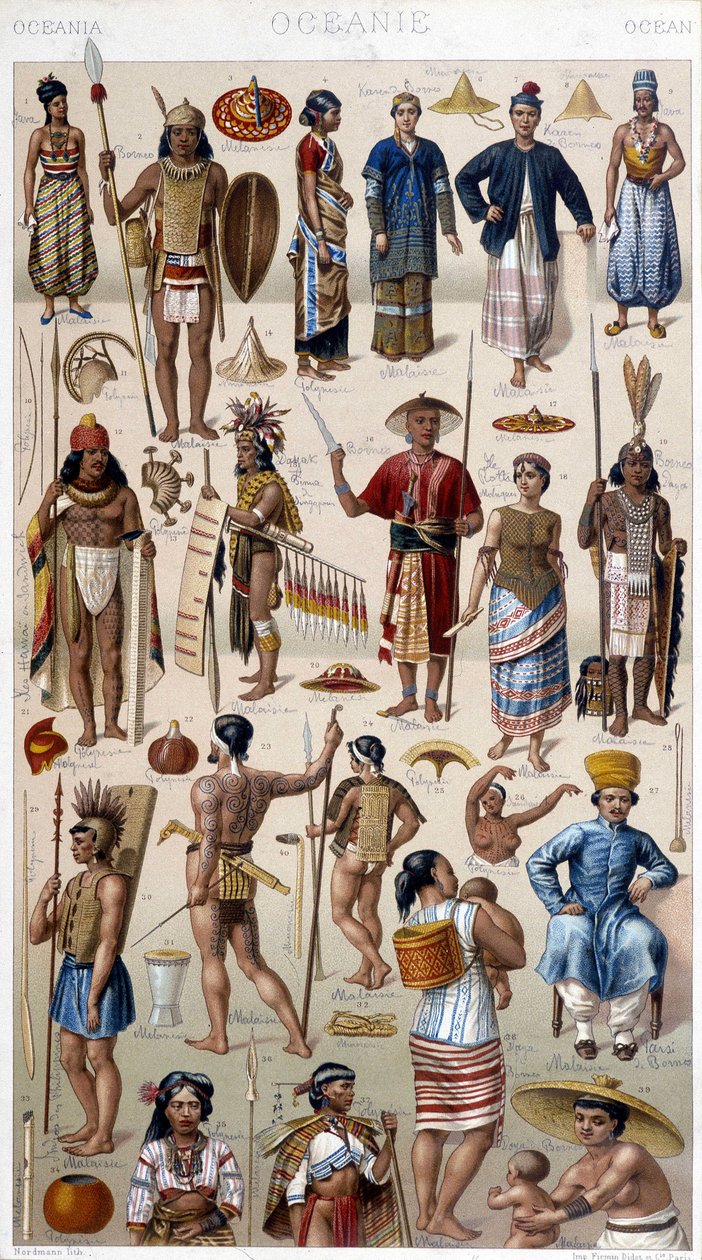 Miehet ja naiset edustavat Oseanian eri kansoja. 1800-luvun kaiverrus. tekijältä Unknown artist