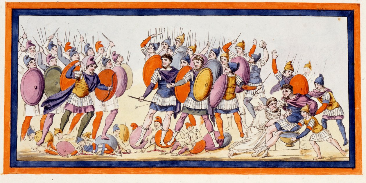 Menelas (oikealla), kreikkalainen soturi on juuri haavoittunut troijalaisten liittolaisen nuolesta. Ilias, laulu IV. Kaiverrus 1700-luvun lopulta. tekijältä Unknown artist