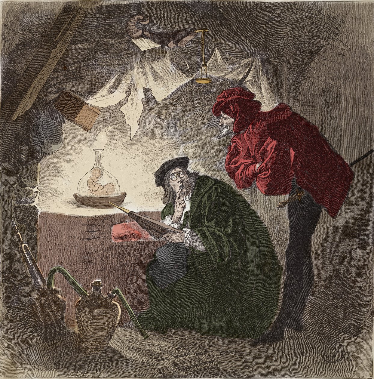 Mefistofeles (Mephisto) a Faust Johann Wolfgang von Goethen (1749-1832) kuvitus "Faustista" (Goethen kuvitus "faustista""" Kaiverrus tekijältä Unknown artist