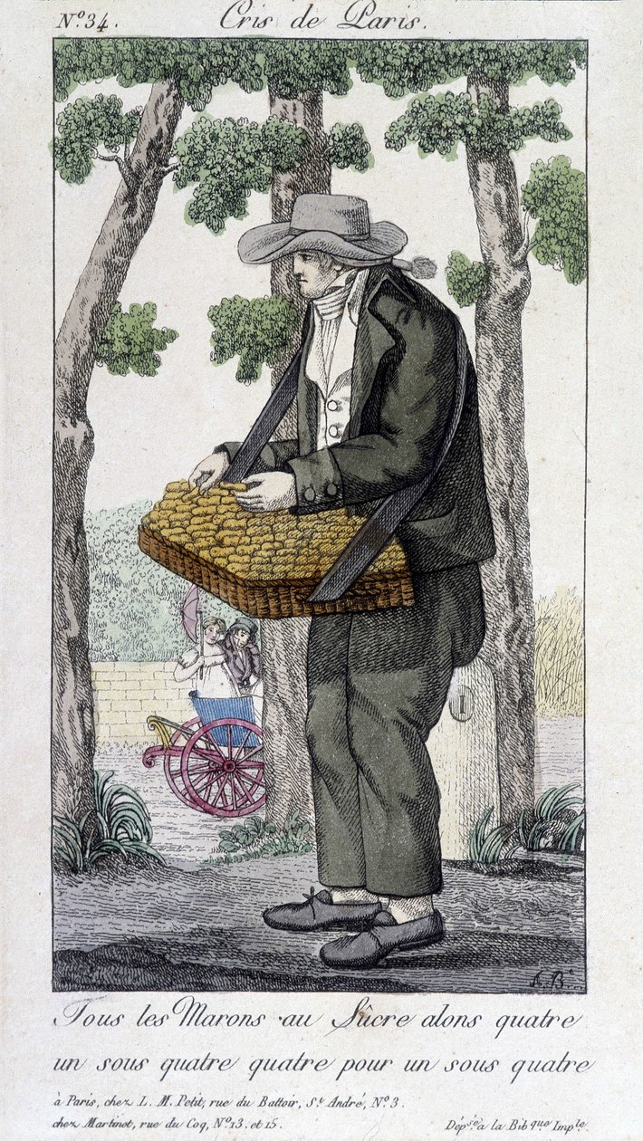 Kastanjoiden ja sokerin kauppias - "" Cris de Parisissa"", deb. 1800-luvulla tekijältä Unknown artist