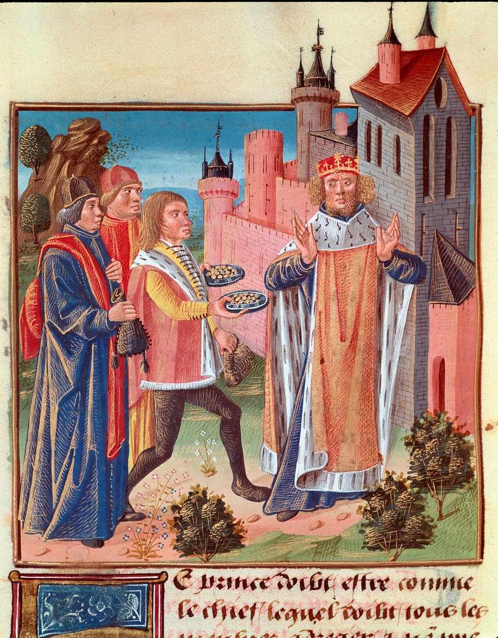 Keskiaika: "" Prinssi saa veroja vasalliltaan"" Pienoiskuva otettu James Suuren "" Hyvän moraalin kirjasta"" tekijältä Unknown artist