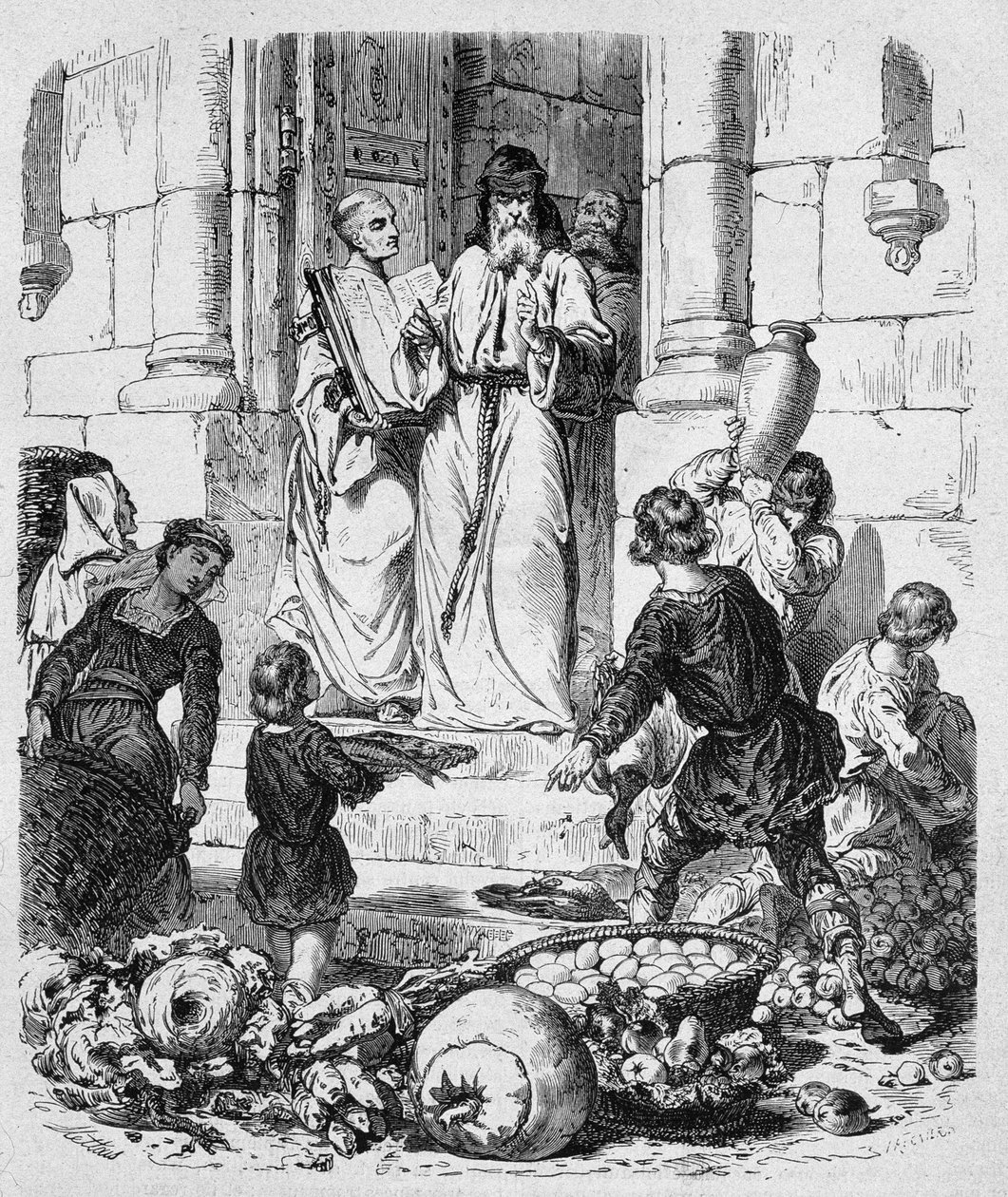 Munkit keräävät kymmenyksiä ihmisistä - teoksessa "Histoire des Popes", kirjoittanut Maurice Lachatre tekijältä Unknown artist