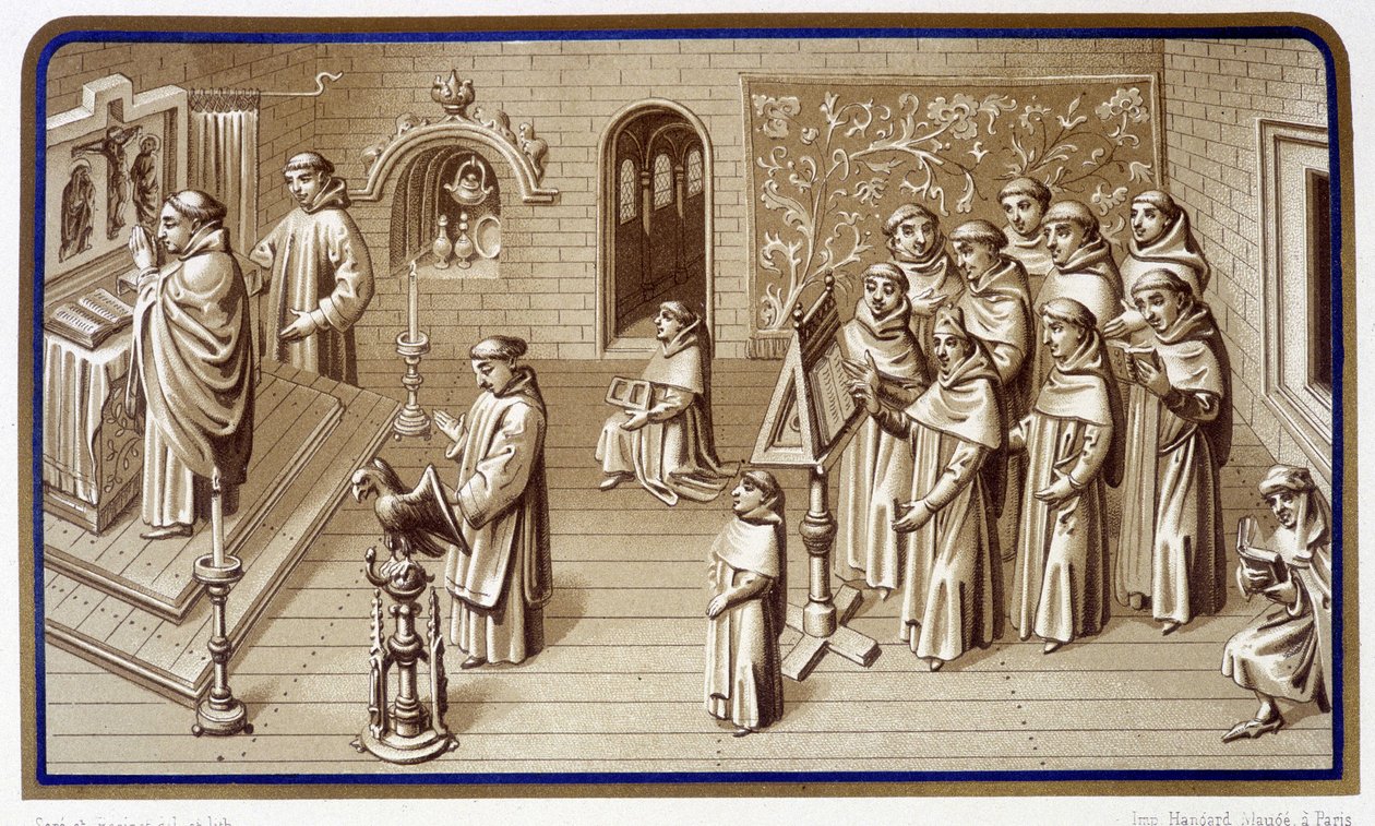 Munkit luostarin kappelissa: rukous ja kuoro. Grisaille Neitsyt Marian ihmeistä. Kromolitografia. 1800-luvulla tekijältä Unknown artist