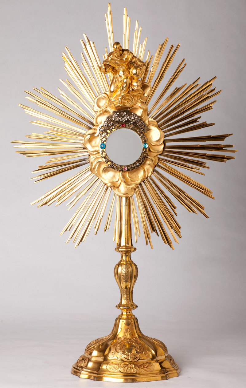 Monstrance. Vermeiliä, timantteja, väärennettyjä koruja Isä Jumala (Dieu le Père) -patsaalla. 1700-luvulla. tekijältä Unknown artist
