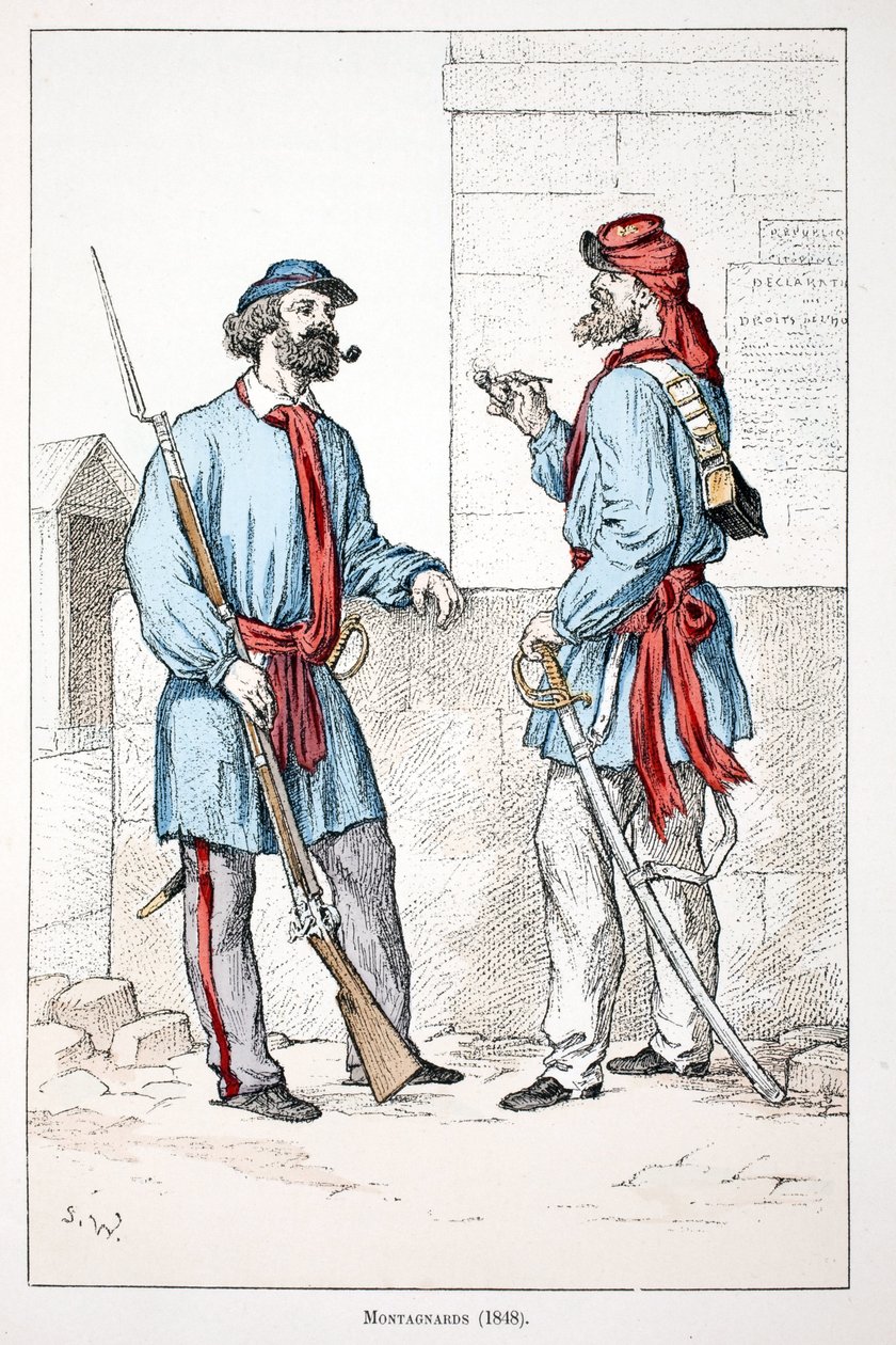Vuorikiipeilijät (1848). Etsaus väreillä, havainnollistava "" Rauhanturvaajien joukkojen historia"" -kirja, joka on julkaistu Louis Lepinen (1846-1933) Seinen poliisin prefektin suojeluksessa, Alfred Rey (1864-?) ja Louis Feron (1862). -?), muokkaa tekijältä Unknown artist