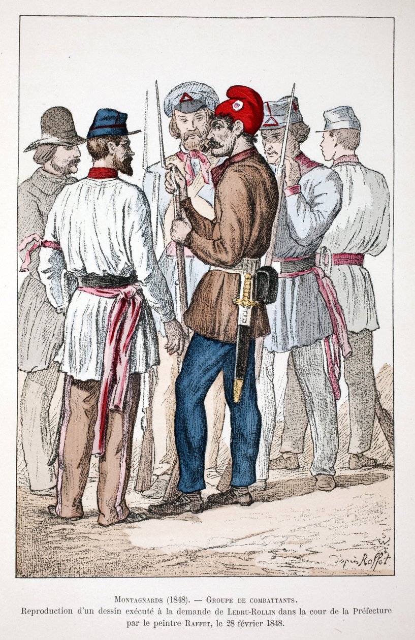 Montagnards (1848), joukko taistelijoita, joista yhdellä on päällään Fryygian lippis ja vallankumouksellinen kokaadi. Eau forte en couleurs, jäljennös Alexandre Ledru-Rollinin (Ledru Rollin) (1807-1874) pyynnöstä tehdystä piirroksesta tekijältä Unknown artist