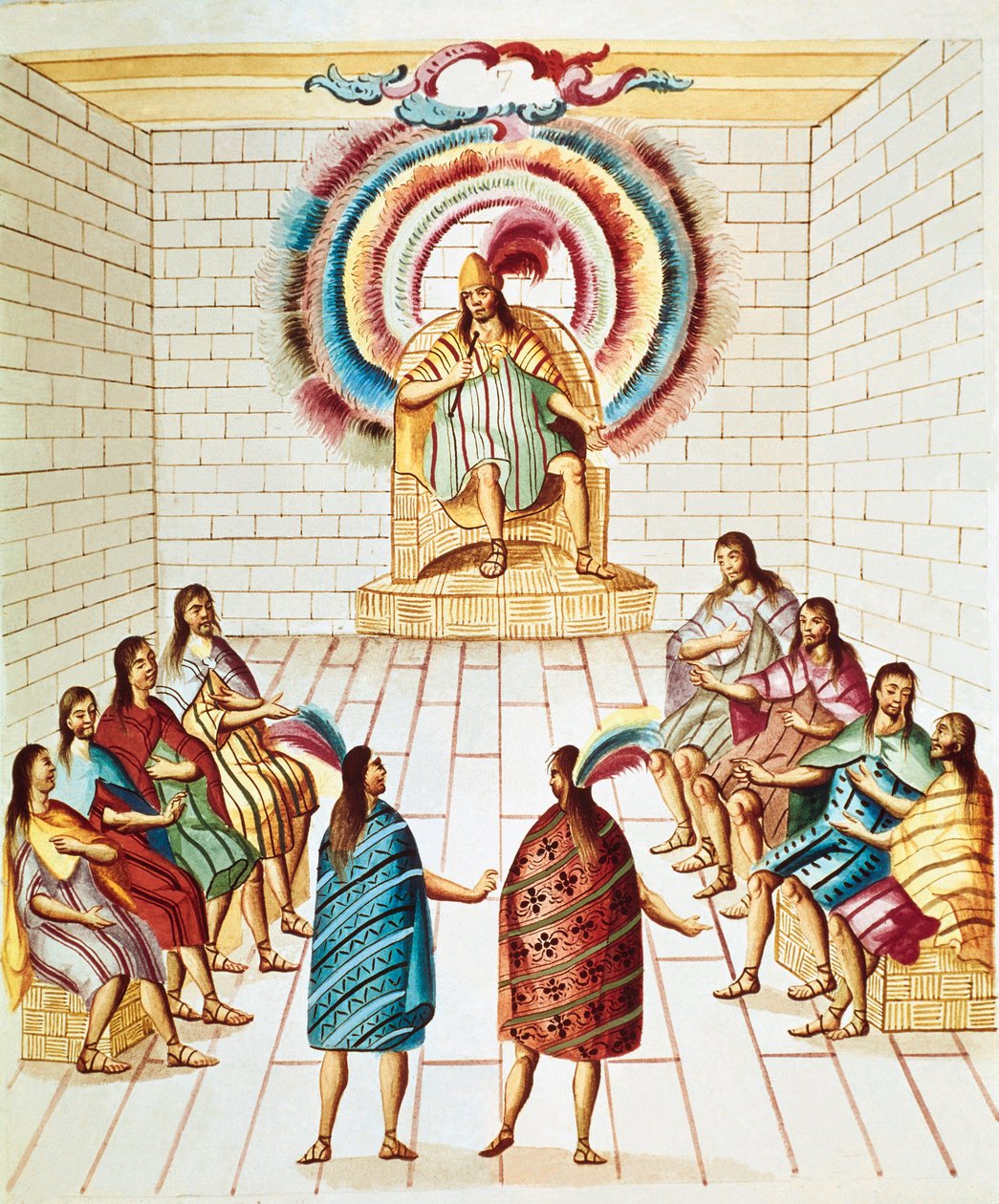 Montezuma (tai Moctezuma II), atsteekkien keisari (1466-1520) ja hänen neuvostonsa Akvarelli piirretty Diego Garcia Panesin (1730-1811) "Uuden Espanjan teatterista" Mexico City, Kansalliskirjasto tekijältä Unknown artist