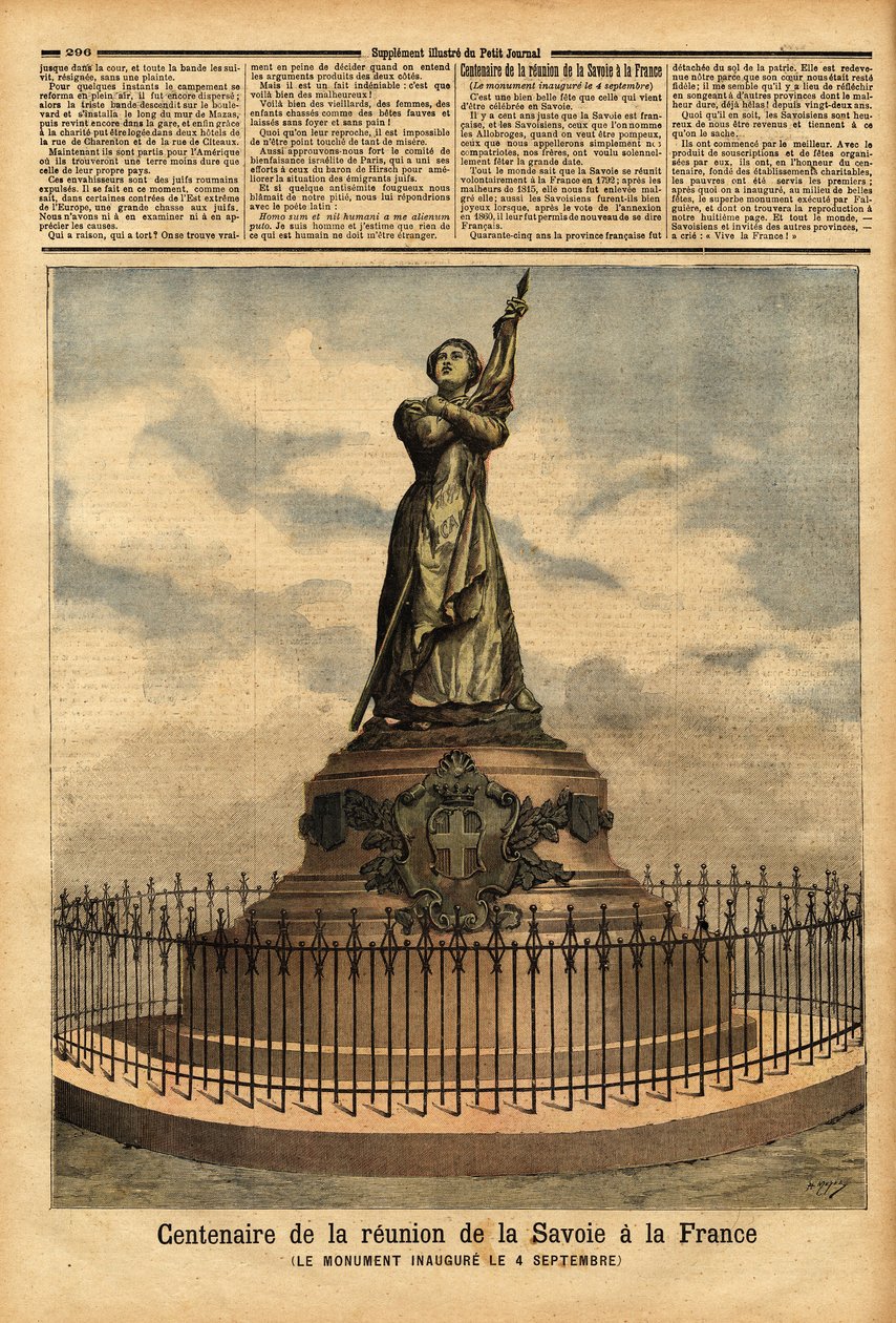 Kuvanveistäjä Falguieren 100-vuotisjuhlavuoden muistomerkki Savoian liittämisestä Ranskaan (1792), vihittiin käyttöön 4. syyskuuta. Kaiverrus "" Le petit journal" -lehdessä 10.10.1892. Selvan kokoelma. tekijältä Unknown artist